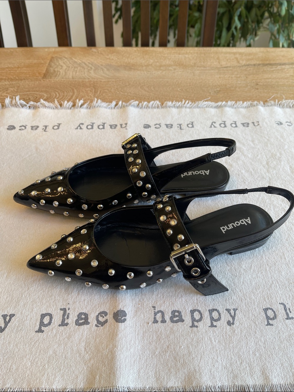 Abound Black Studded Pointed Slingback Flats with Buckle
